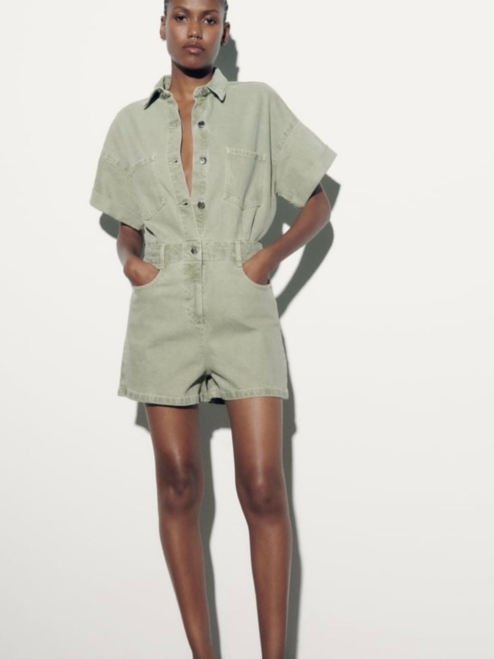 Zara Light Olive Green Short Sleeve Denim Romper